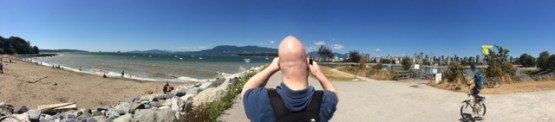 A gorgeous Canada Day view of the Pacific Ocean from near the Vancouver Maritime Museum. This panoramic photo guest stars my friend DR's head. 
